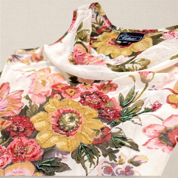 VTG Y2K Asymmetrical Floral Beaded Slip Midi Dress Cowl Lace Cottagecore Fairy M - Picture 4 of 9